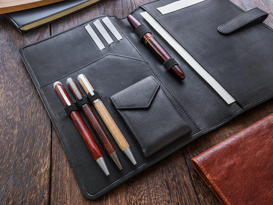 Pen Sleeve with Flap - 2 Pens - Black - Vegetable Tanned Leather